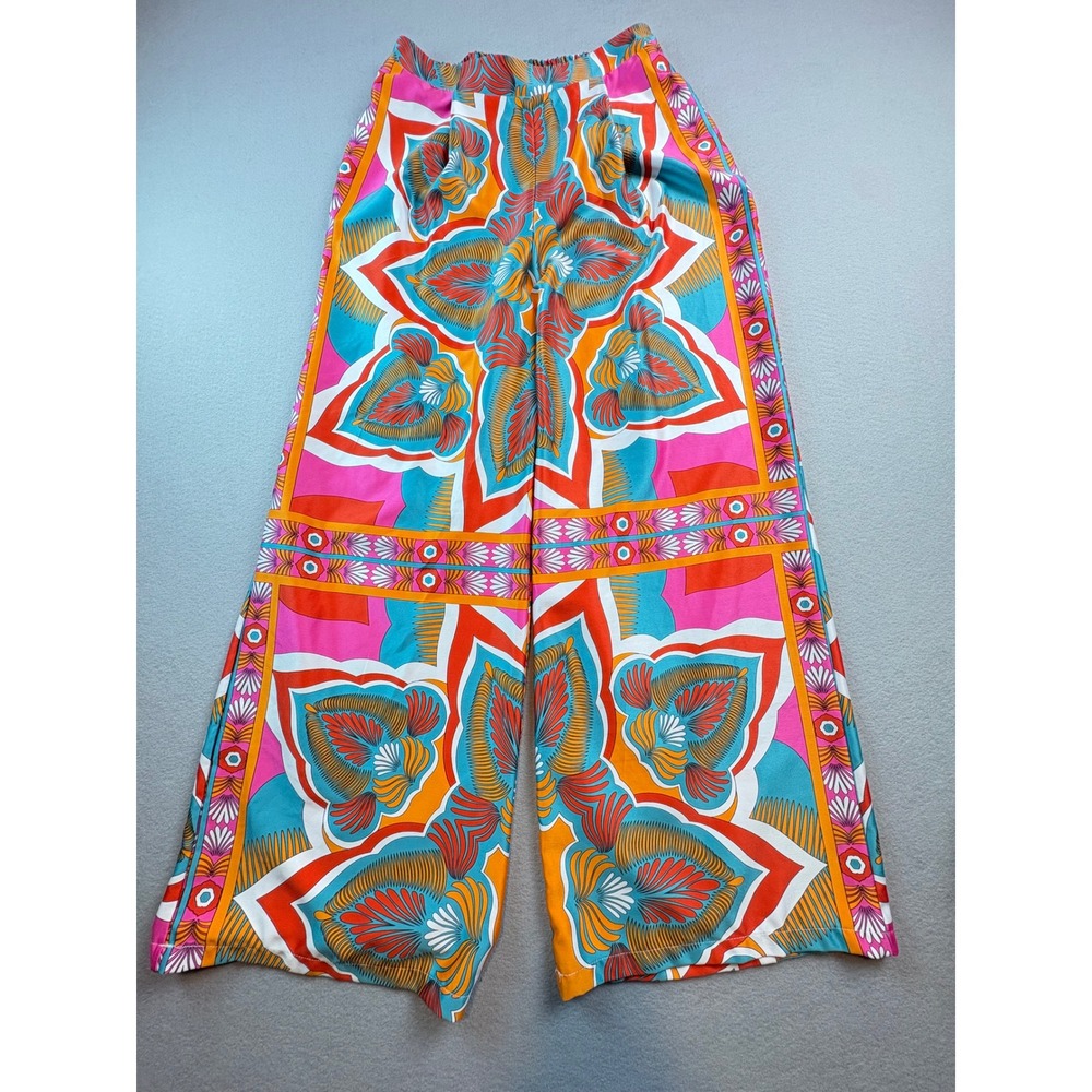 Peach Pink Orange Floral Medallion Wide Leg Palazzo Pants Medium ZP58122R-1